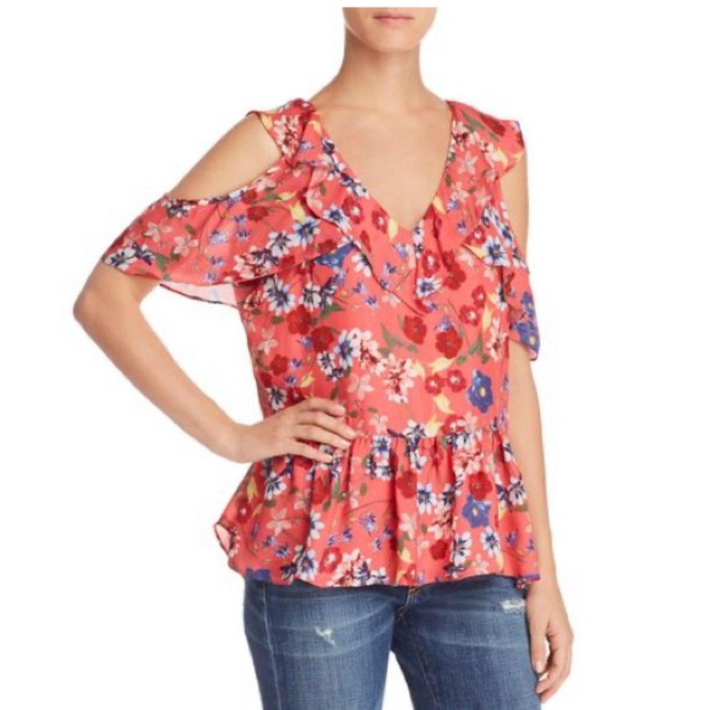 Parker Dedra Silk Blend Cold Shoulder Floral Top SMALL Red Yellow Blue NEW Chic